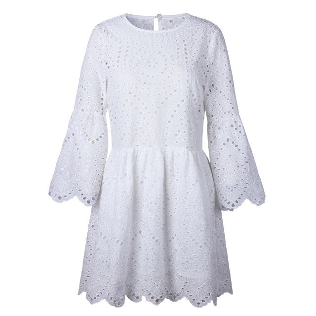 2019 New Fashion Women Lace Sexy Dress Ruffle Sleeve Casual White Cotton